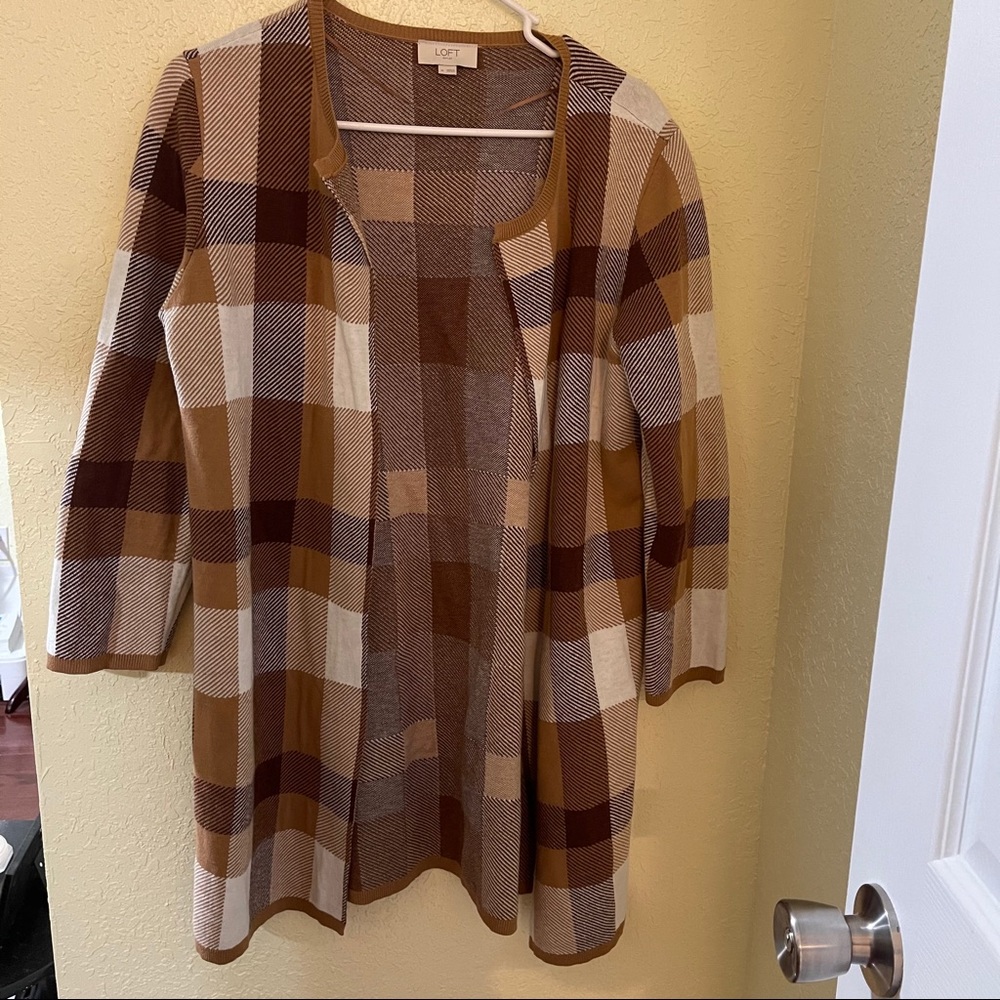 Loft red white tan cardigan sweater
